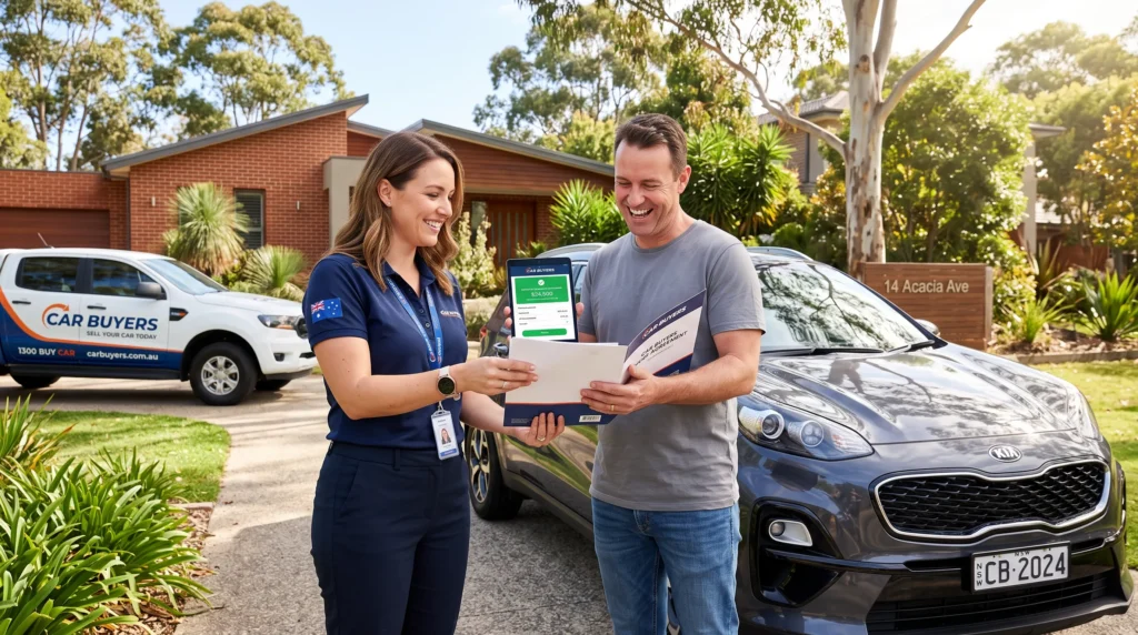 Happy customer completing paperwork and receiving instant Osko payment to sell car Brisbane
