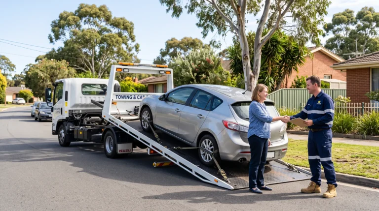 QLD Auto Buyers Brisbane tilt tray tow truck loading a damaged car in Logan and South Brisbane